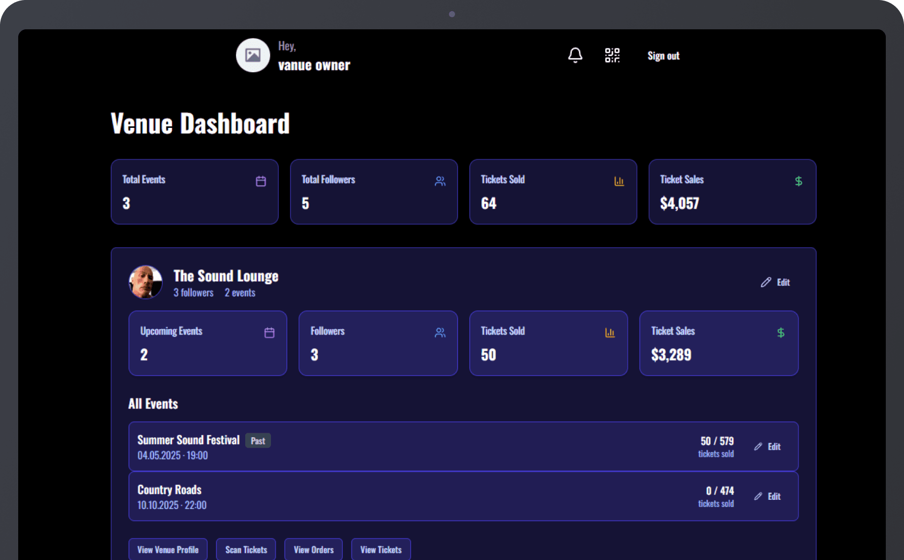 Venue Dashboard Preview